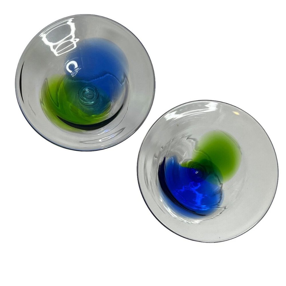 Hand Blown Blue Green Art Swirl Martini Bar Modern Cocktail Glasses Stemware - Picture 3 of 8